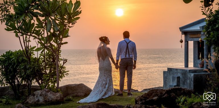 couple just married on koh tao looking at the sunset