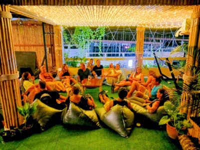 group relaxing on the terrace